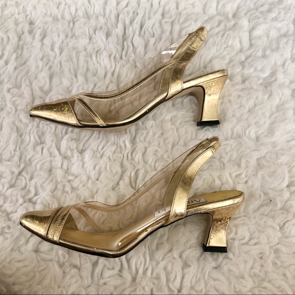 Vintage Amanda gold & clear sling back heels, 8M - Picture 4 of 9